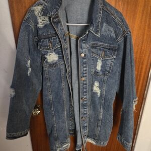 SHEIN Blue Denim Jacket with Distressed Details